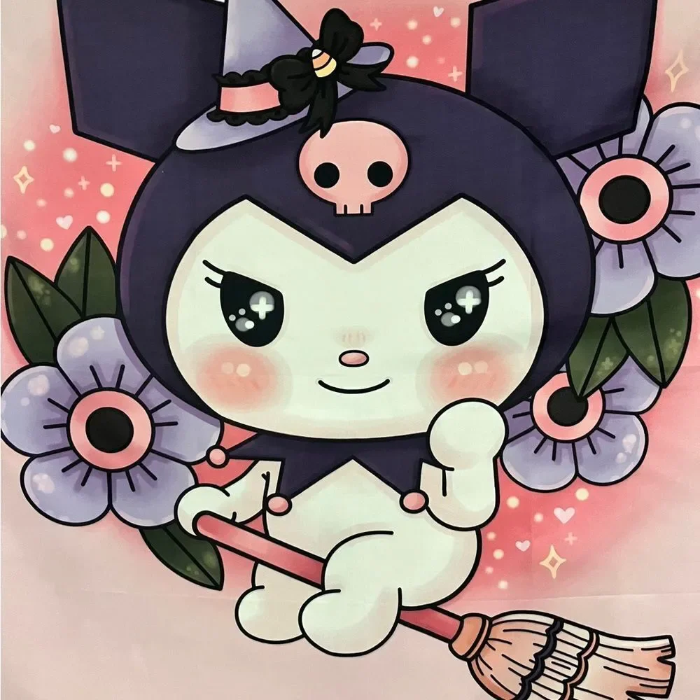 Sanrio Kuromi Witch on A Broom Pink Purple Black Wall Hanging Tapestry